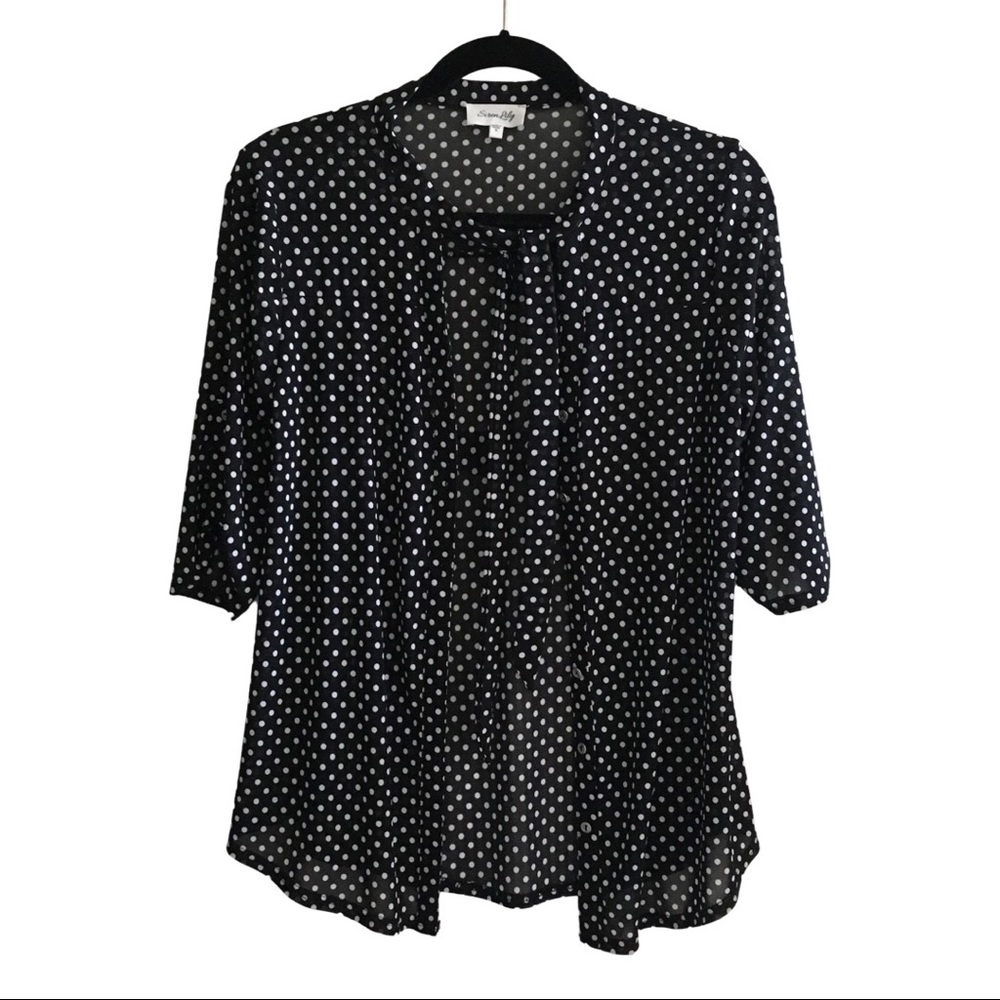 Polka Dot Tie Neck Half Sleeve Button Up/Down Top - Picture 1 of 5